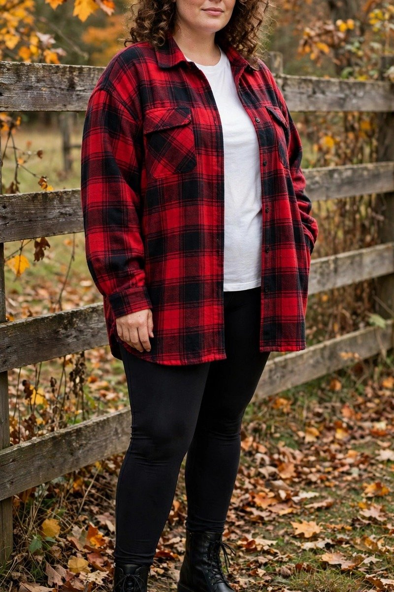 Plaid shacket with leggings and boots