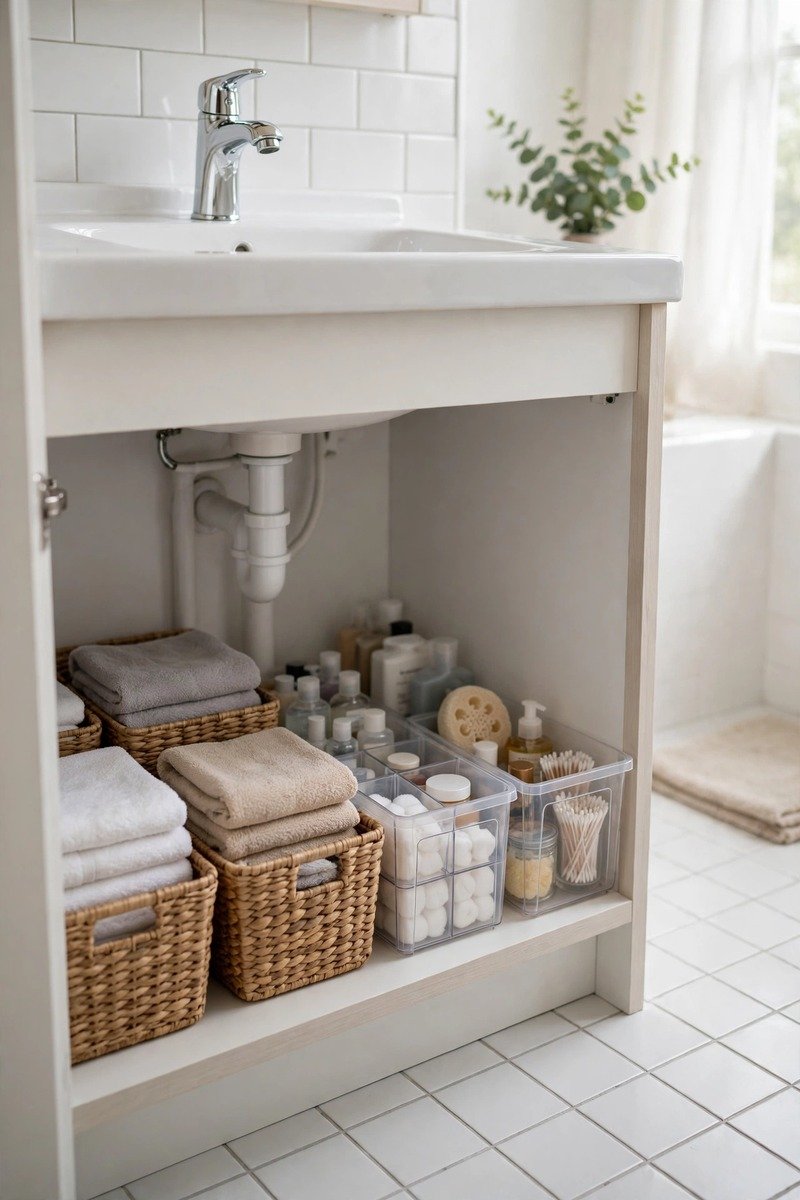 Baskets and bins organized under a bathroom sink