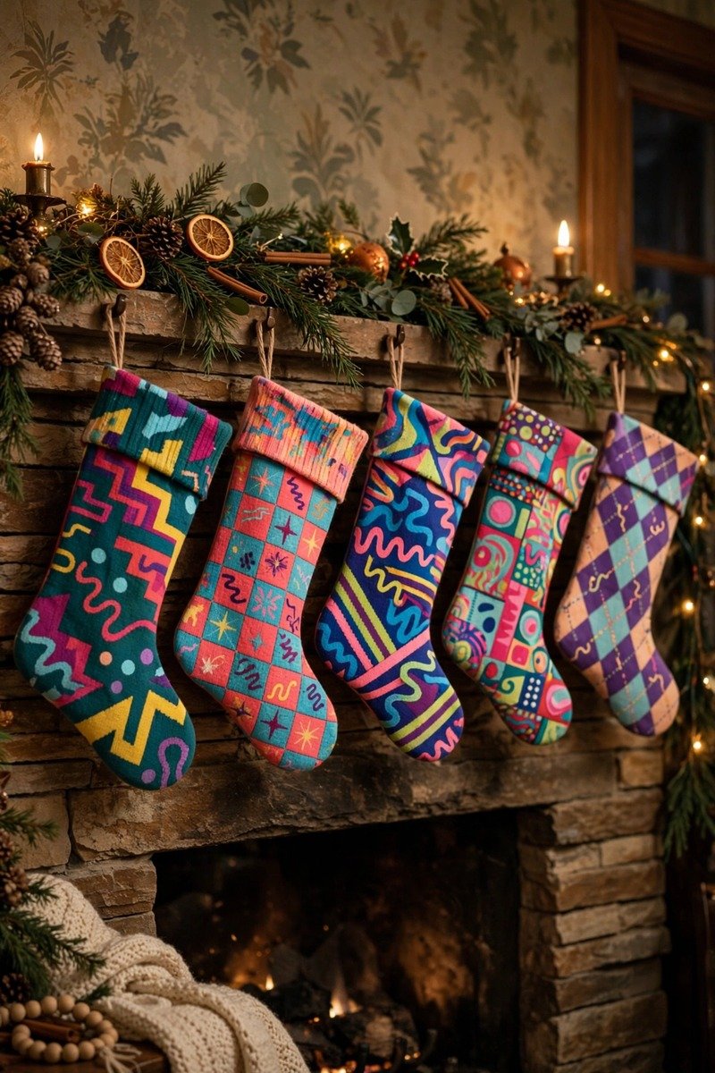 Retro Christmas stockings, colorful patterns
