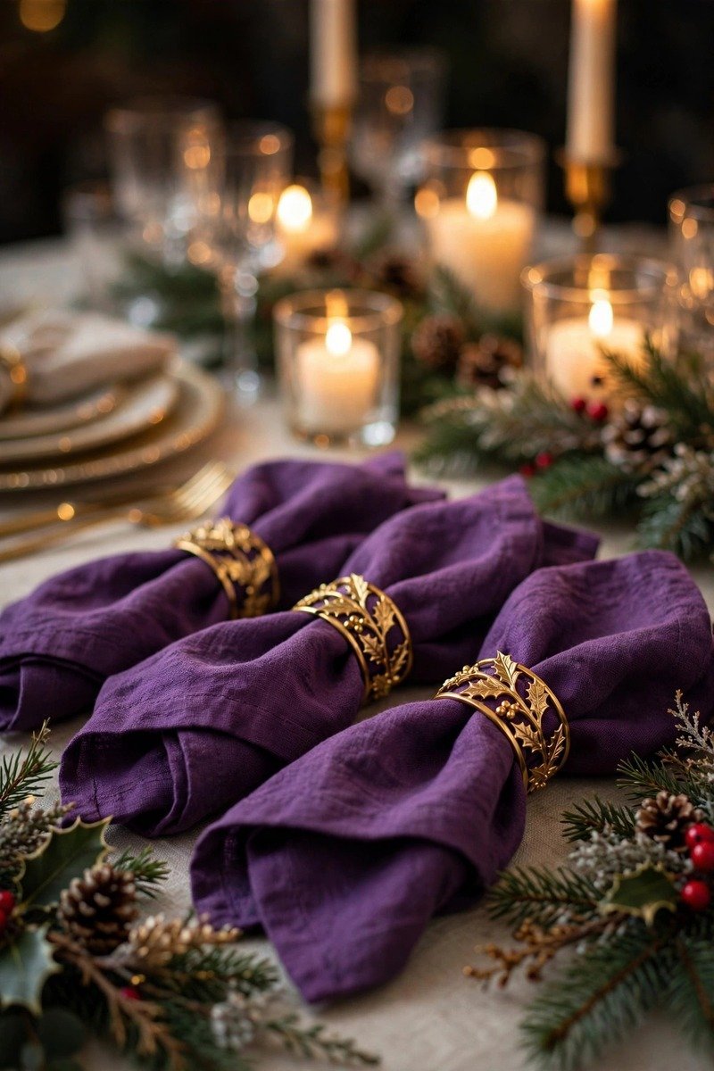 Close-up of purple cloth napkins with gold napkin rings on a festive table