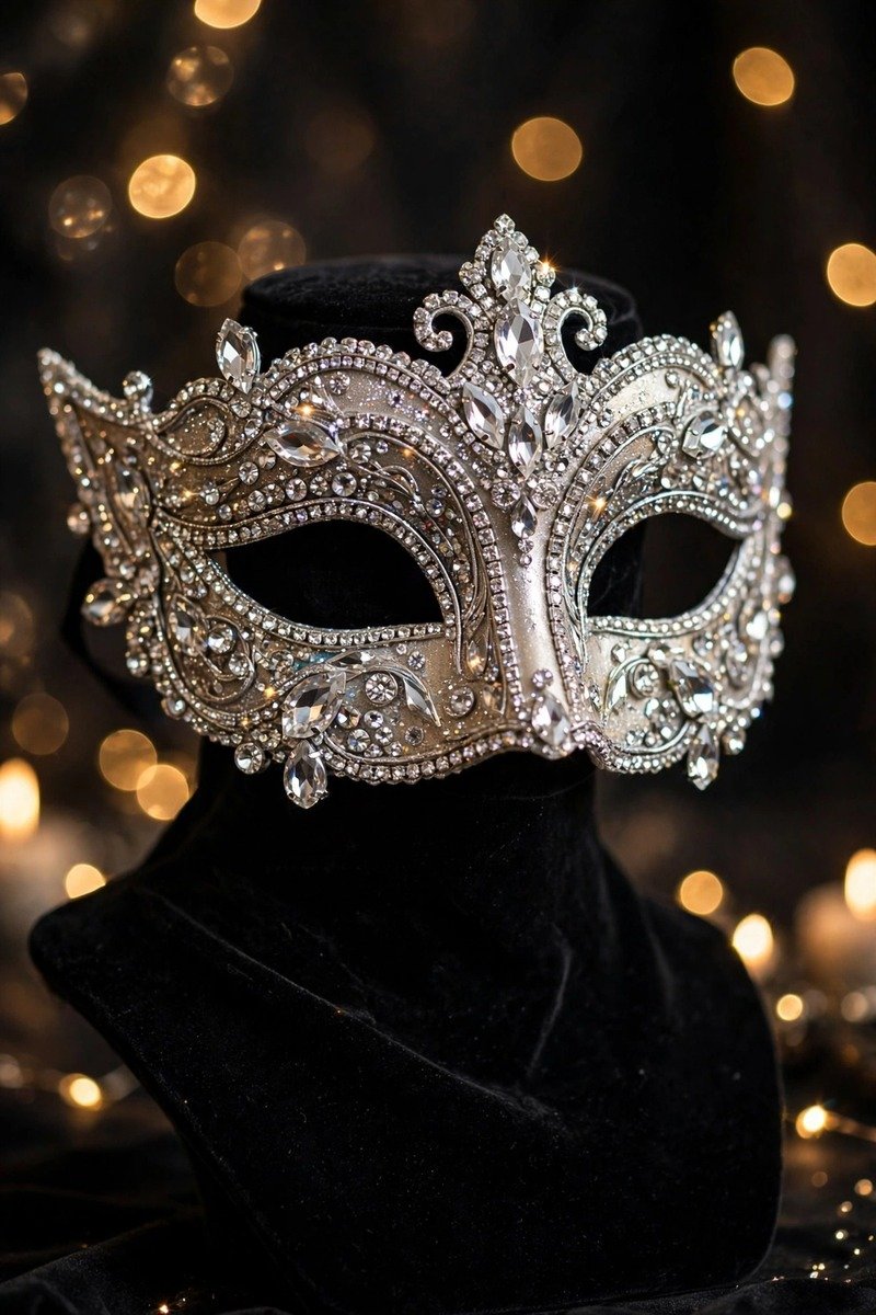 Emerald green satin gown with gold masquerade mask