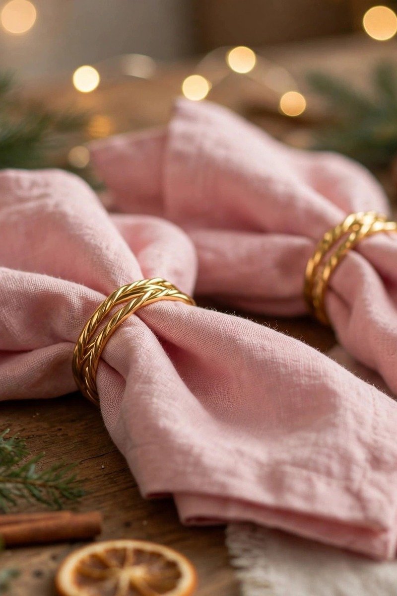 Close-up of pink linen napkins with gold rings on a Christmas table