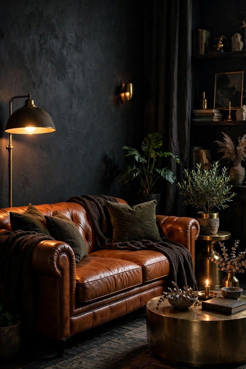 Moody living room with dark charcoal walls, brass lamp, and velvet armchair