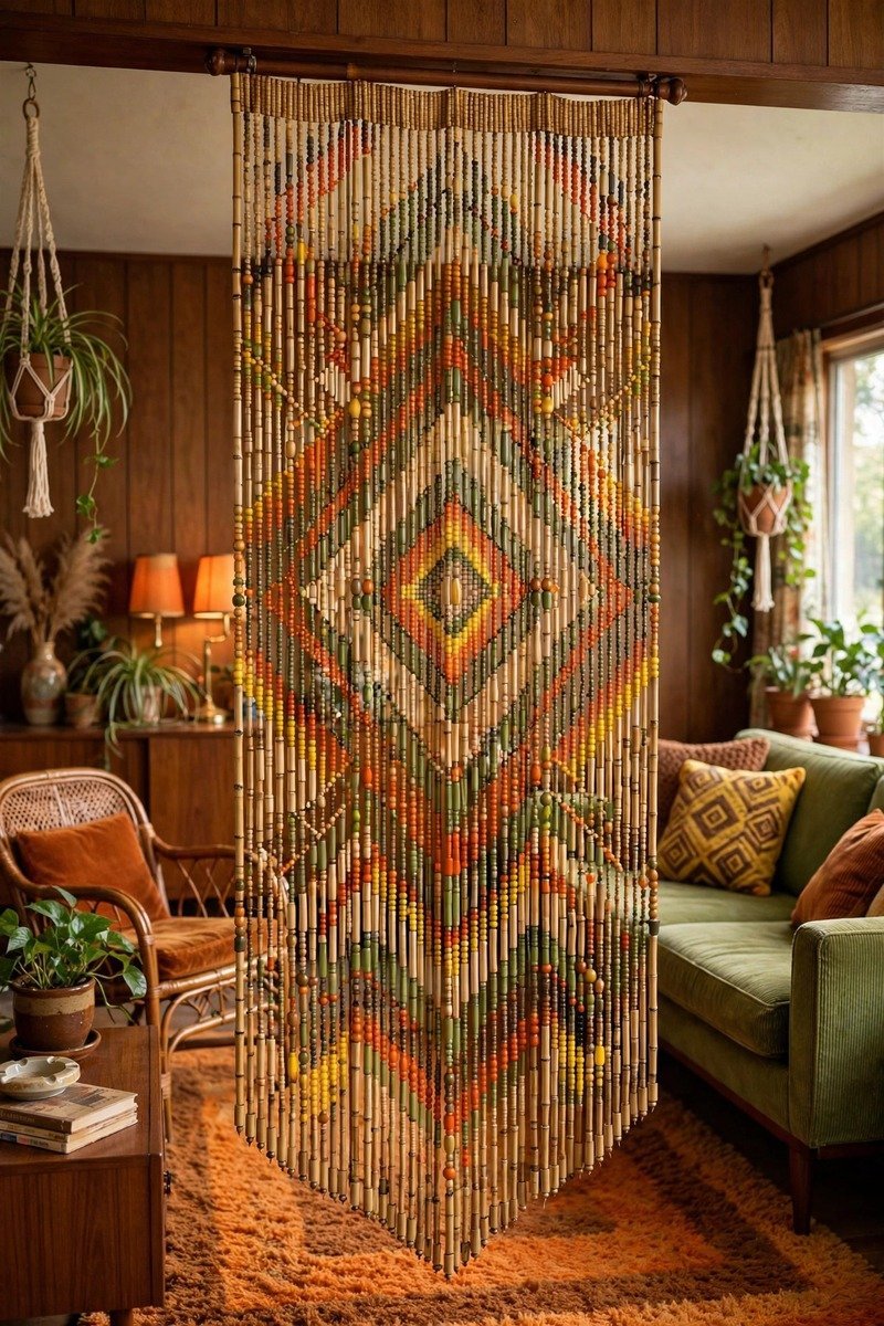 Vintage-patterned bamboo beaded curtain with retro geometric bead design