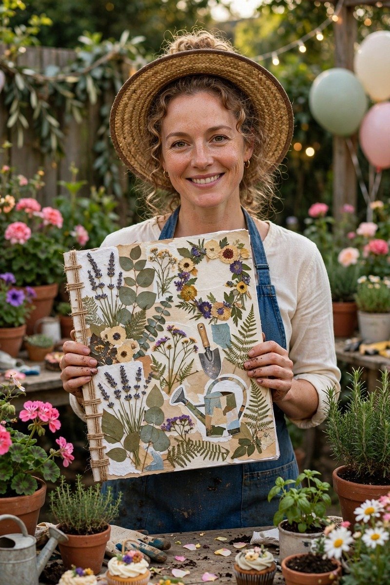 Hobby-themed birthday magazine cover featuring gardening tools and enthusiast headlines