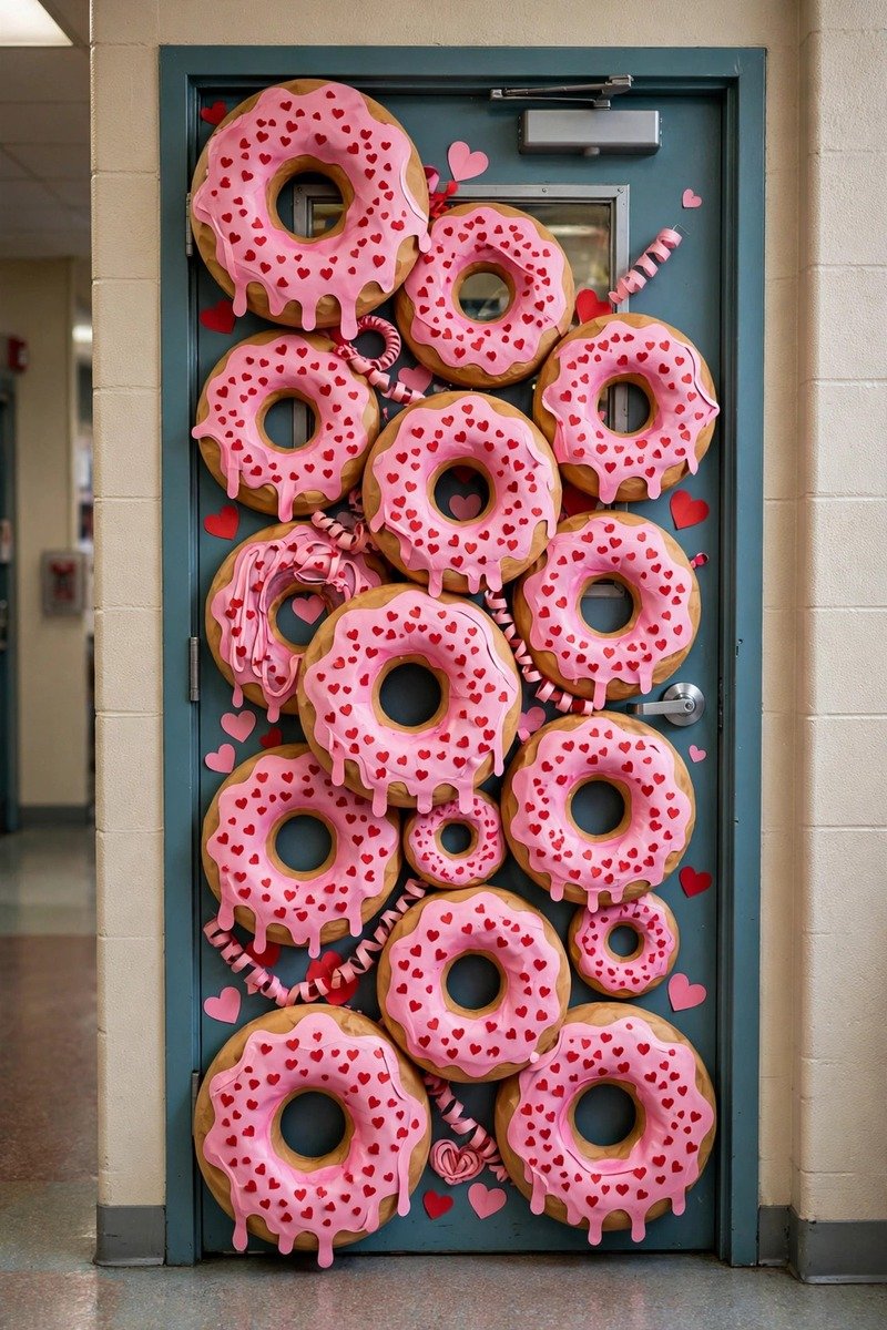 Classroom door decorated with donuts and heart sprinkles
