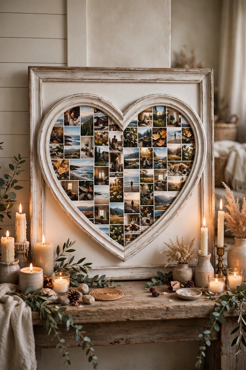 Photo collage arranged in a heart shape in a frame