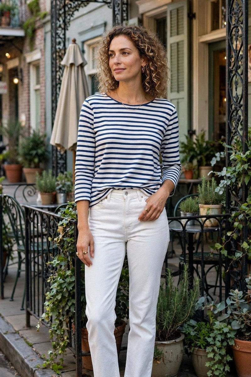 Woman in a striped Breton top and white jeans at a cafe