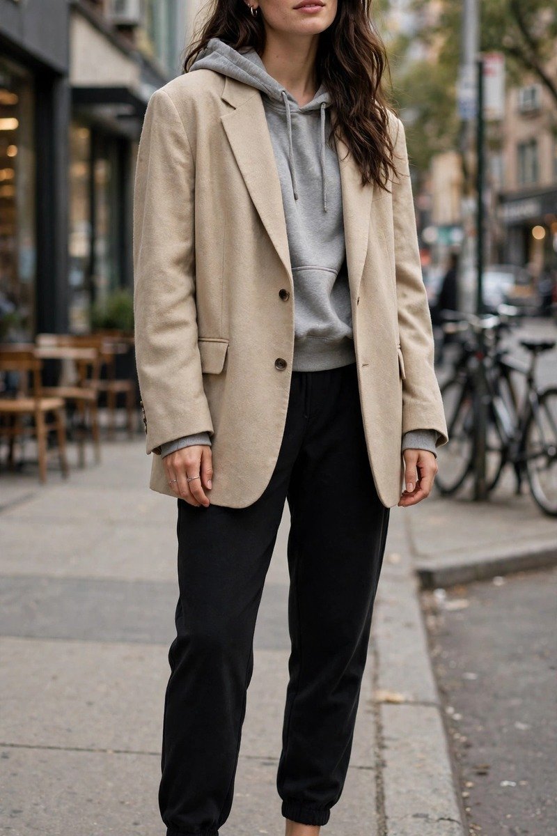 Oversized blazer over grey hoodie with black joggers and sneakers, streetwear