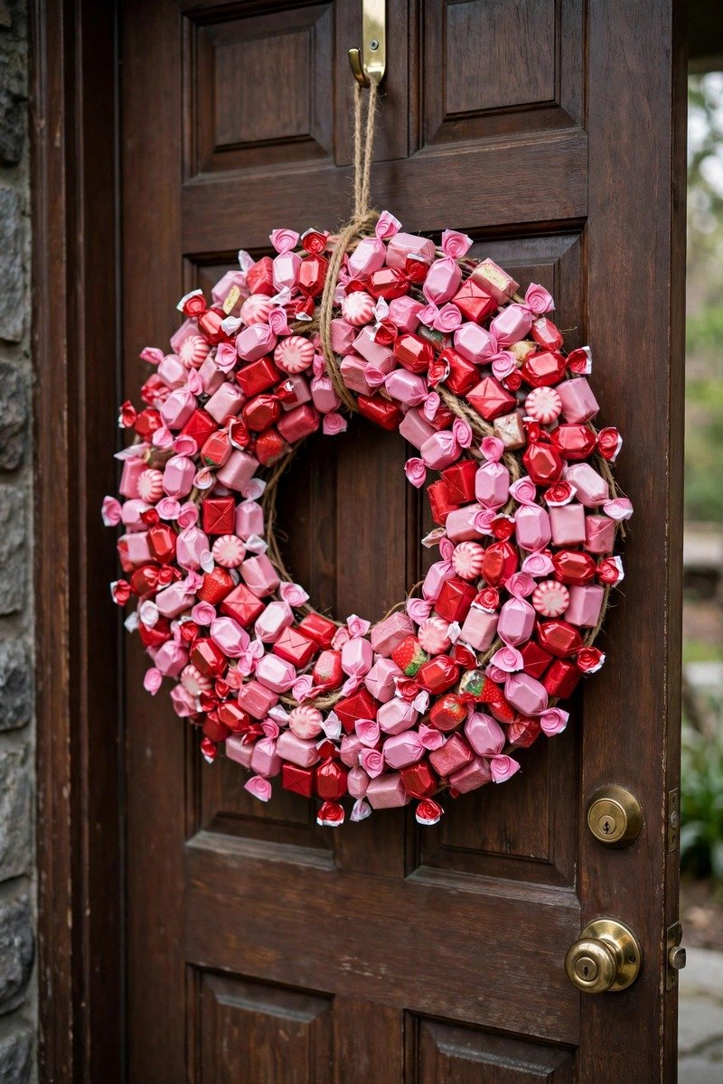 Valentine's candy wreath with wrapped sweets