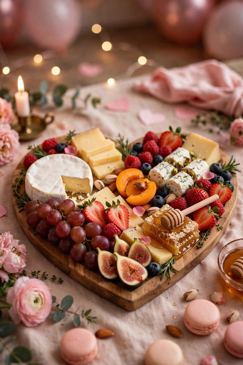 Heart-shaped charcuterie board with cheeses and fruit