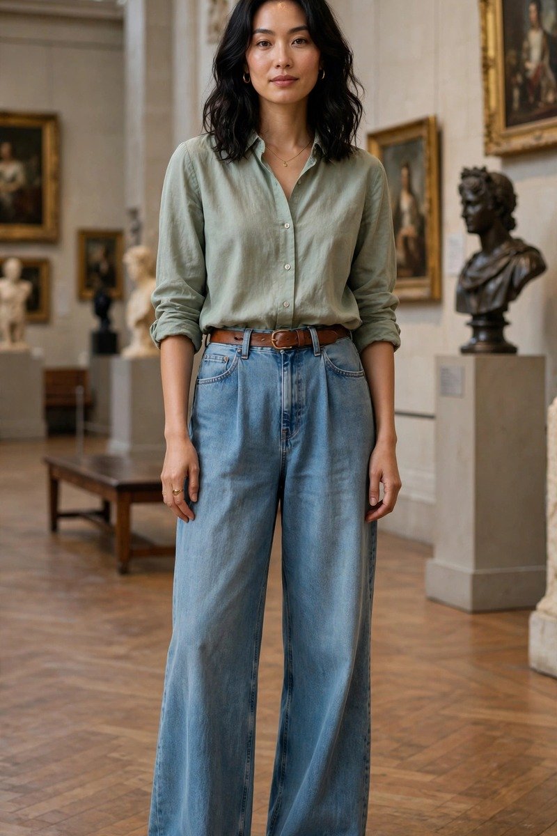 Woman in wide-leg jeans and tucked blouse in a museum