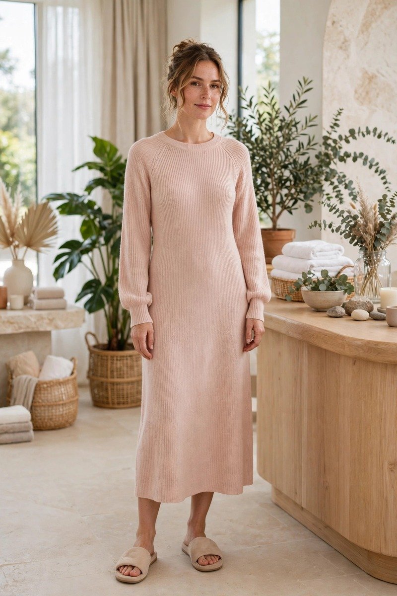 Woman in knit midi dress and slides at a spa