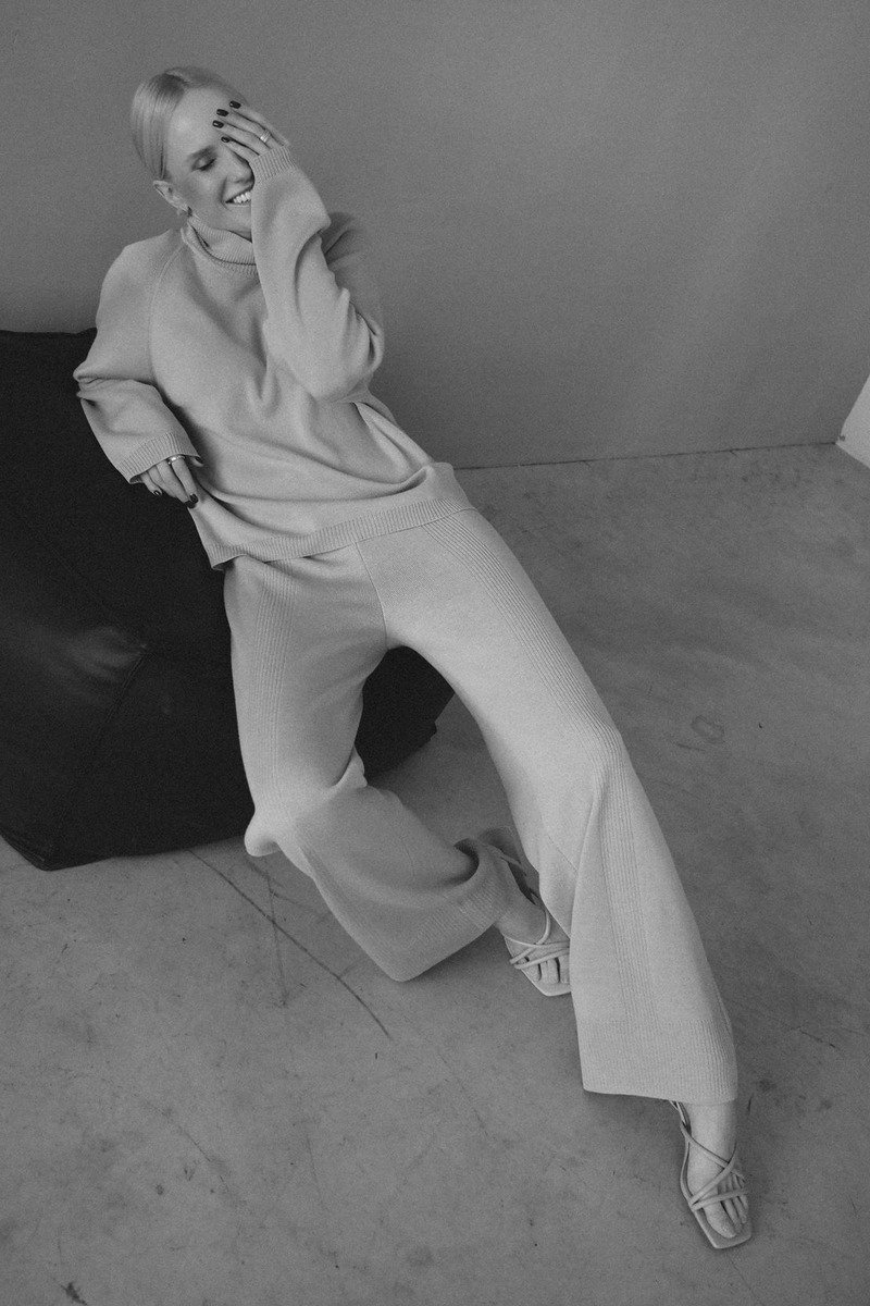 Mom wearing a monochrome knit set