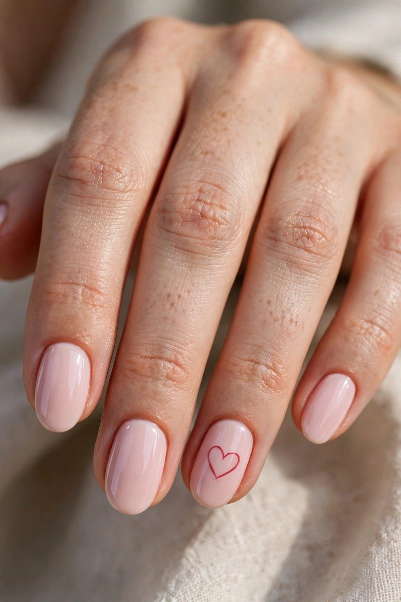 Solid pink nails with one heart outline accent nail