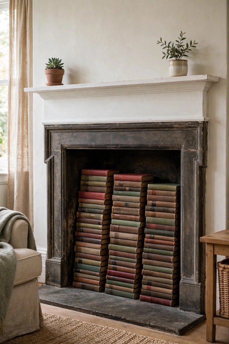 Vintage books stacked inside a fireplace firebox