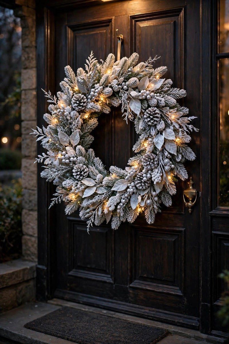 White and silver winter Christmas wreath with elegant frosted look