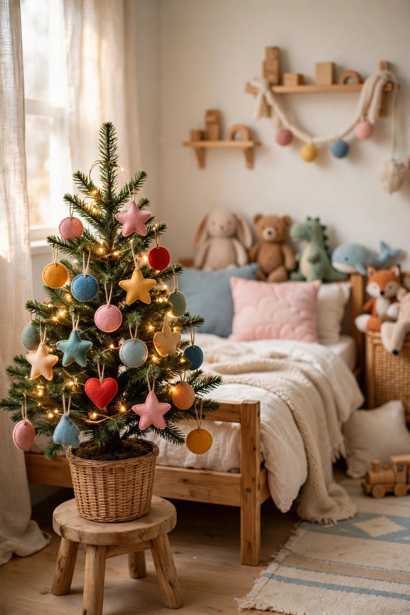 Small Christmas tree in a kids bedroom with soft felt ornaments