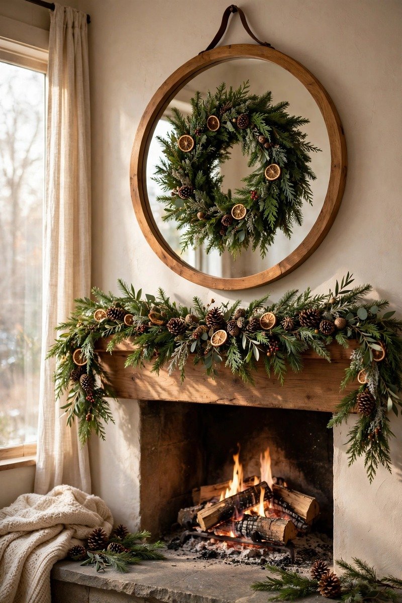 Christmas mantle with a round mirror and a wreath above it