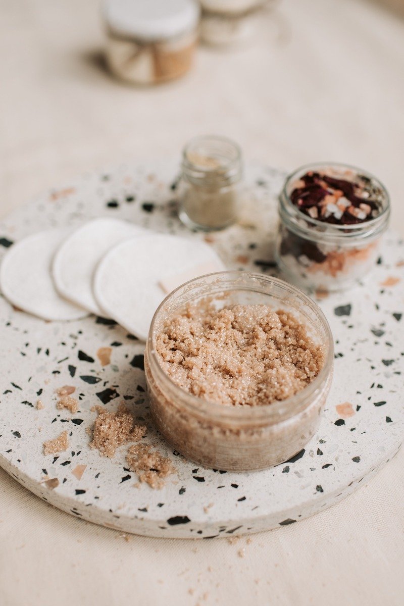 Homemade sugar scrub in a glass jar