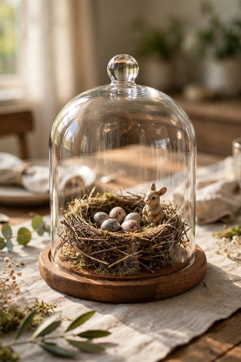 Glass cloche covering a nest with eggs and a bunny