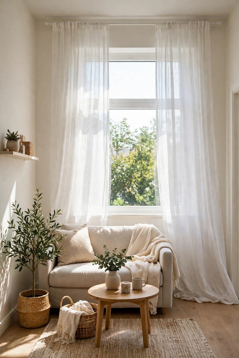 Small living room with curtains hung high and wide