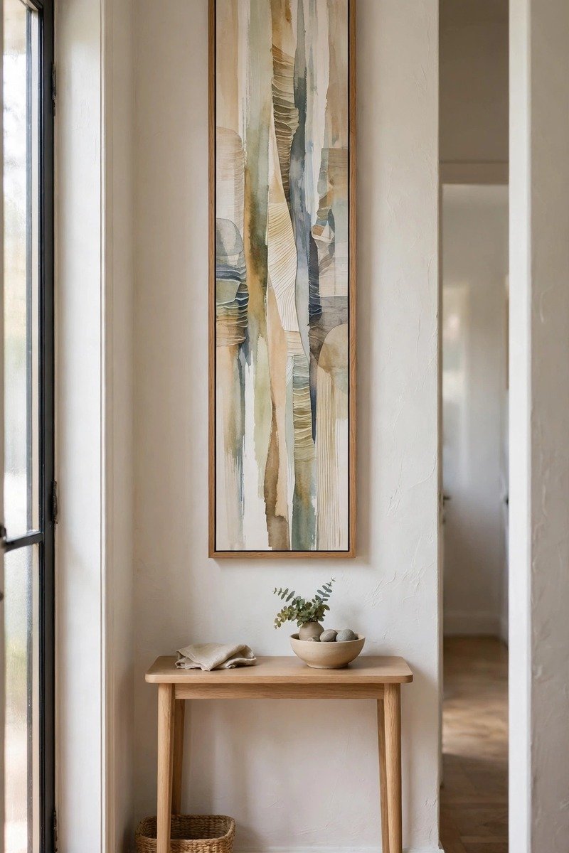 Tall framed artwork in a narrow entryway