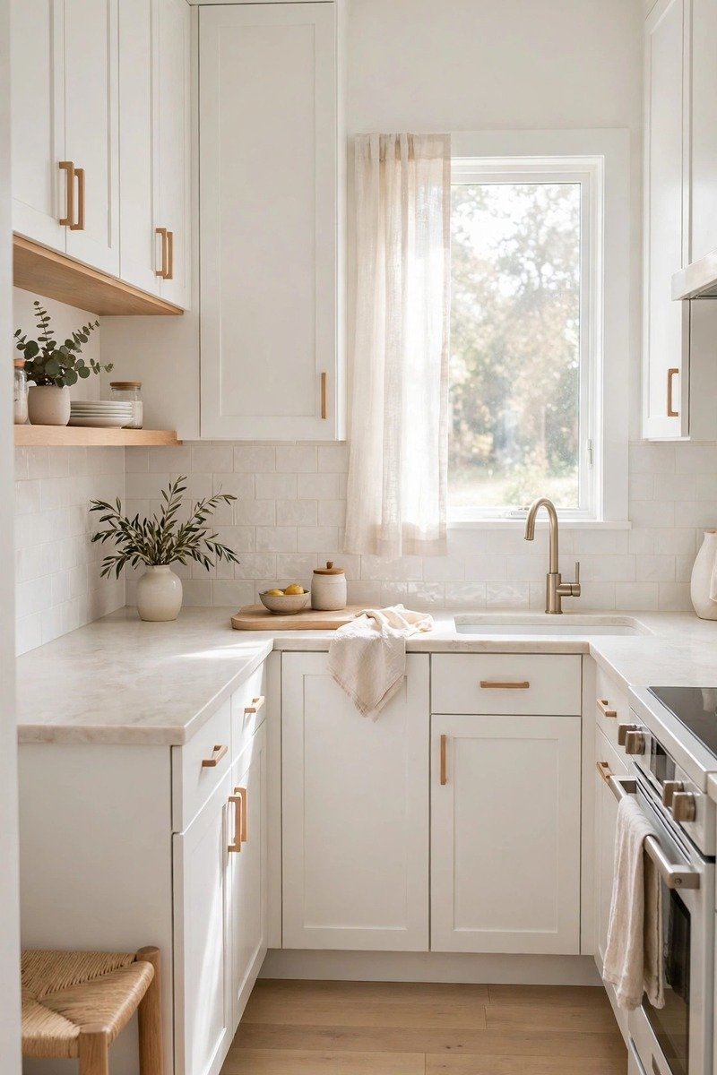Light color palette in a small white kitchen