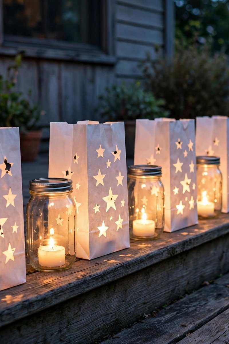 Yule crafts paper bag and mason jar luminaries