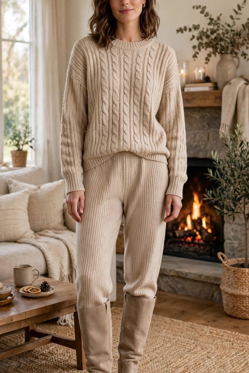 oatmeal matching knit set with tall tan suede boots