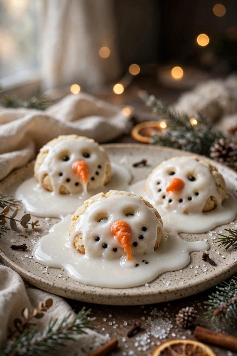 Melted snowman Christmas cookies decorated with white icing