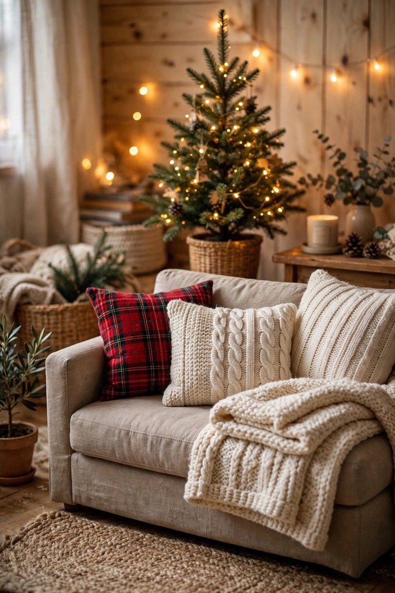 Festive pillow covers and throw on a sofa