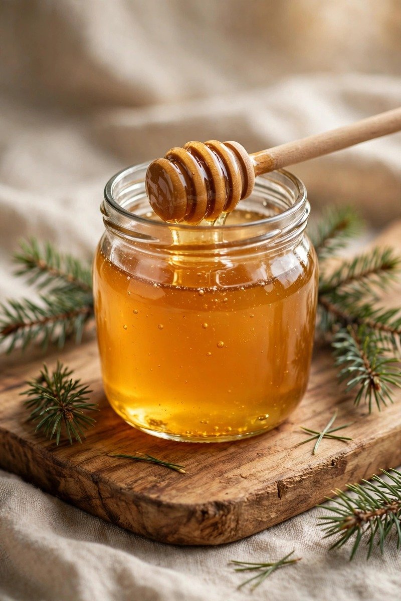 Glass jar of golden honey with dipper