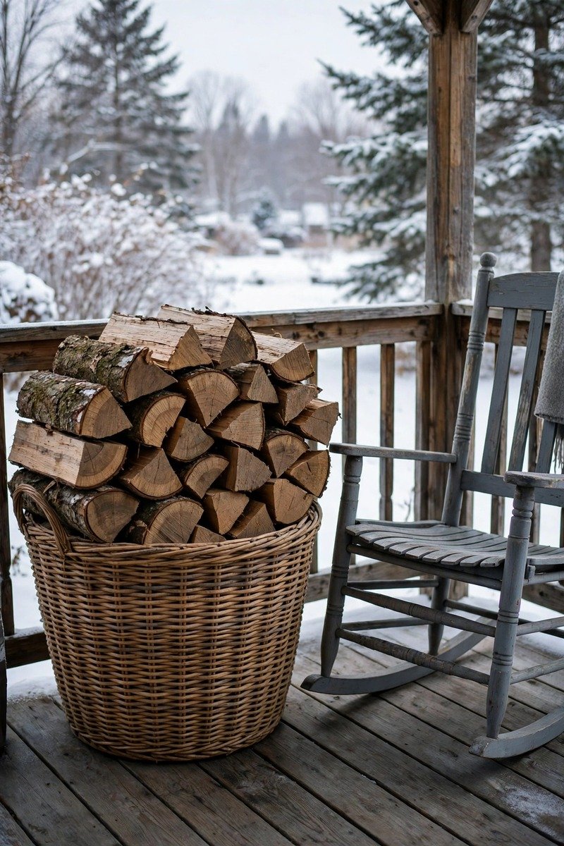 Firewood stacked in a basket on a porch