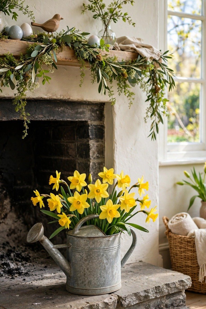 Watering can with daffodils by a fireplace