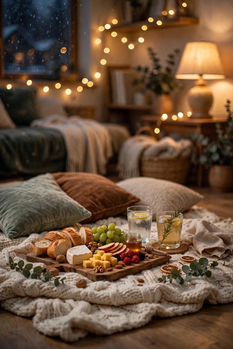 Indoor picnic blankets and food on the floor
