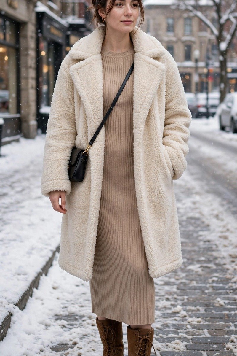 Ribbed knit dress with a teddy coat