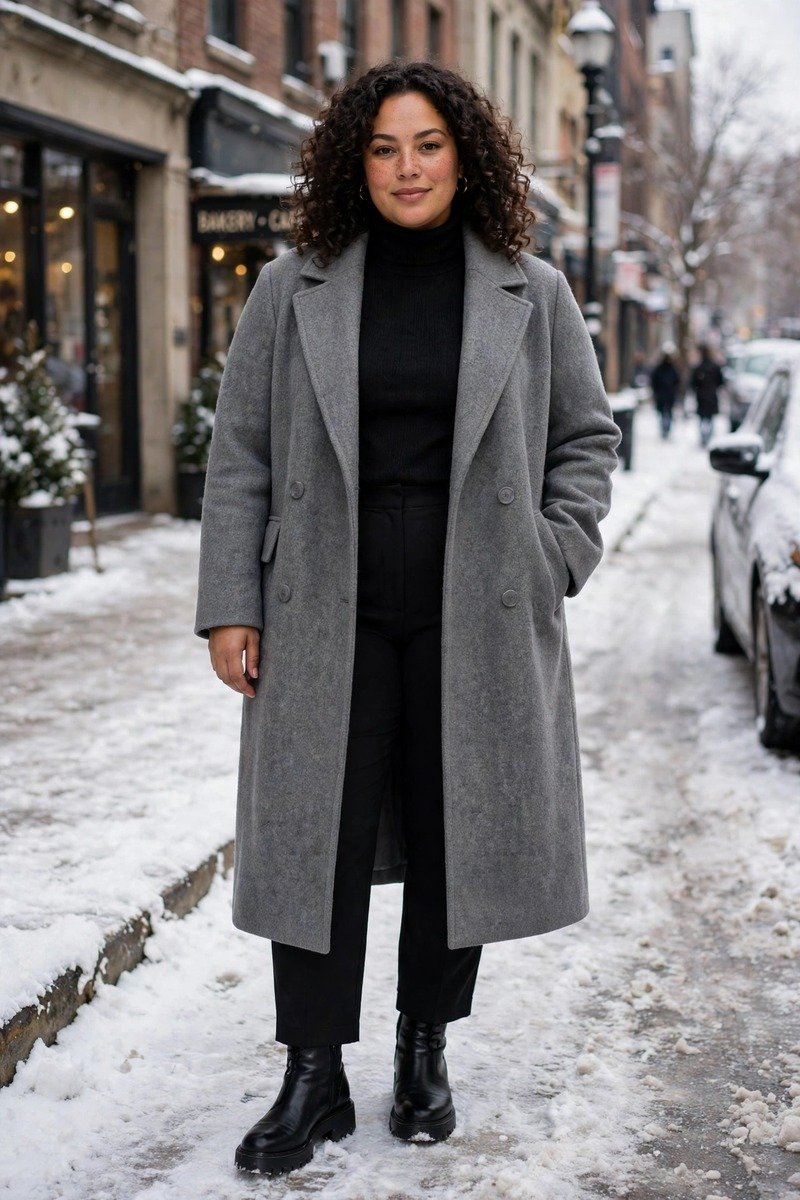 Wool coat over a monochrome black outfit