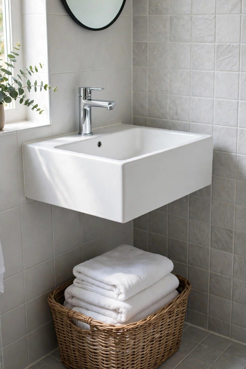Basket with towels beneath a wall mounted sink