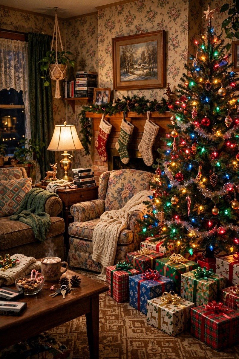 Nostalgic Christmas living room with multicolor tree and gifts