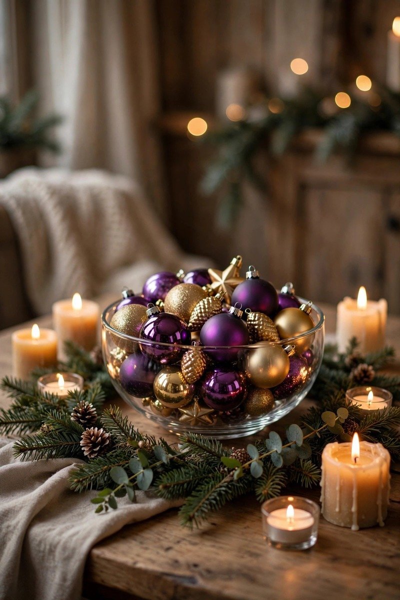 Table centerpiece with a glass bowl of purple and gold Christmas ornaments and candles