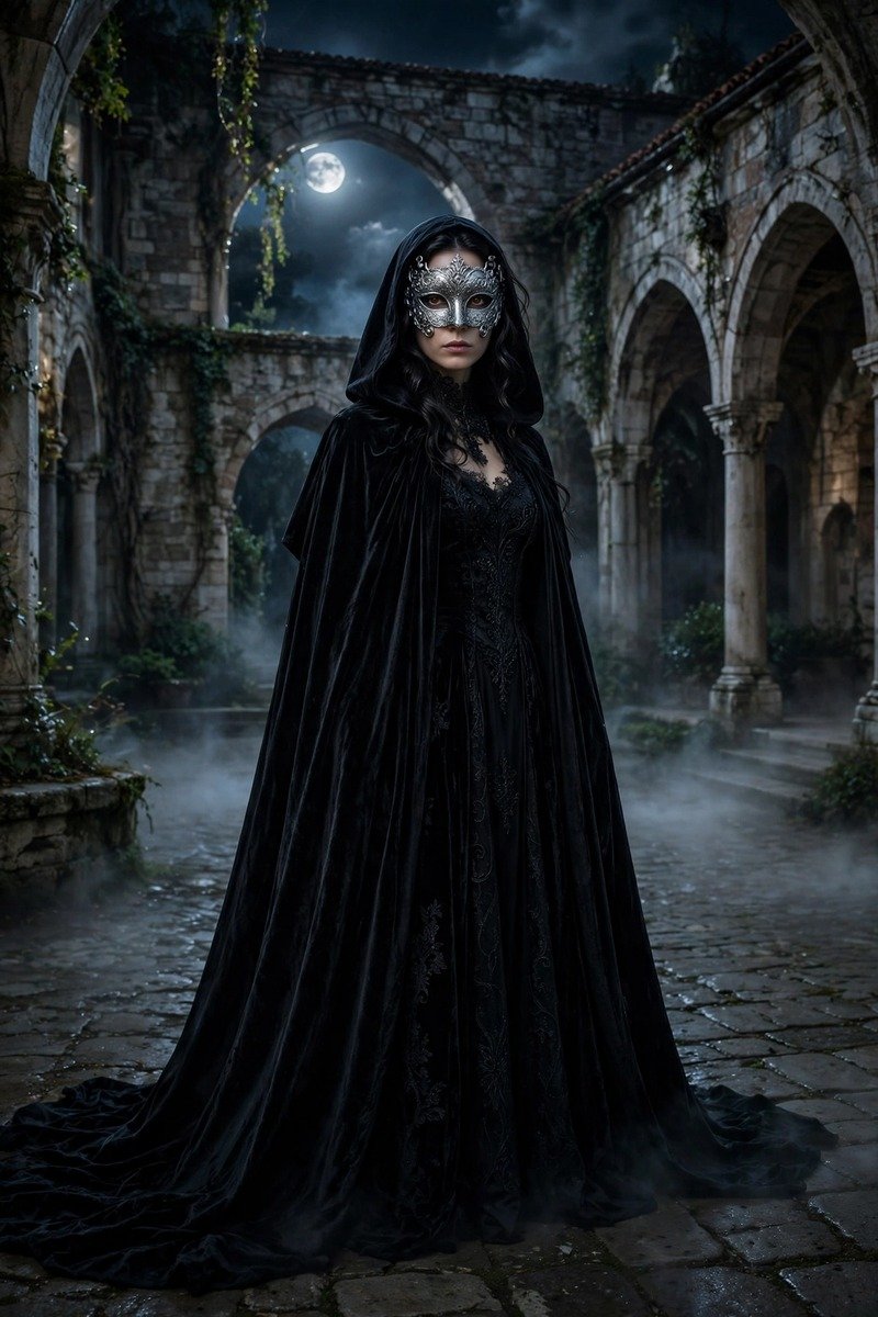 Black velvet cape over evening dress with ornate mask