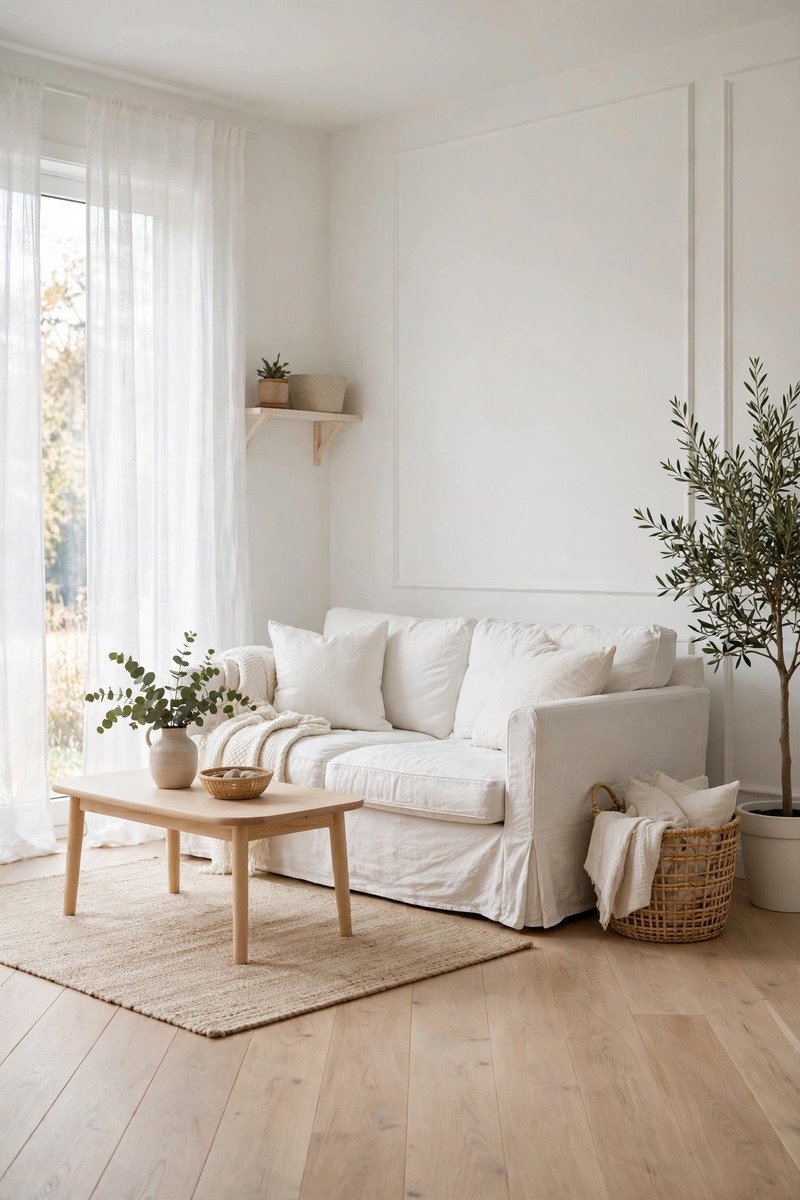 Light and airy white living room with sheer curtains and natural wood accents