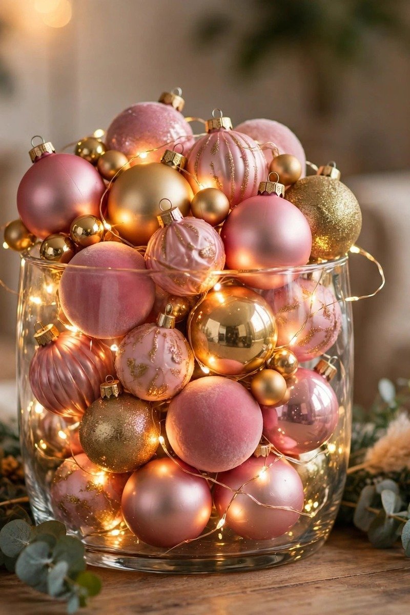 Centerpiece of pink and gold ornaments in a glass vase with fairy lights