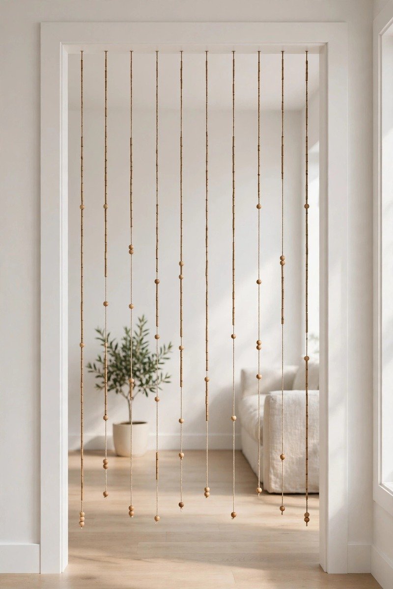 Minimalist single strand bamboo bead curtain in a modern doorway