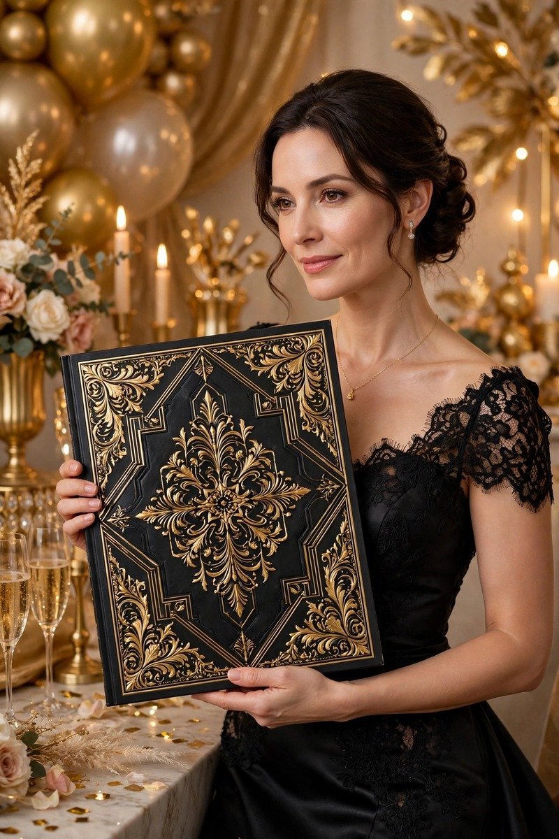 Luxurious black and gold birthday magazine cover with metallic accents and dramatic portrait