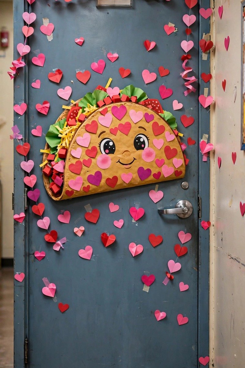 Classroom door with a fun taco and heart decorations