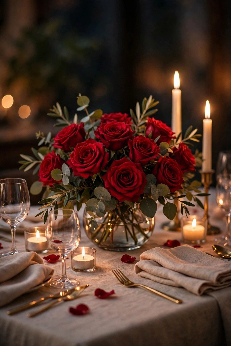 Valentine's table centerpiece with candles and roses