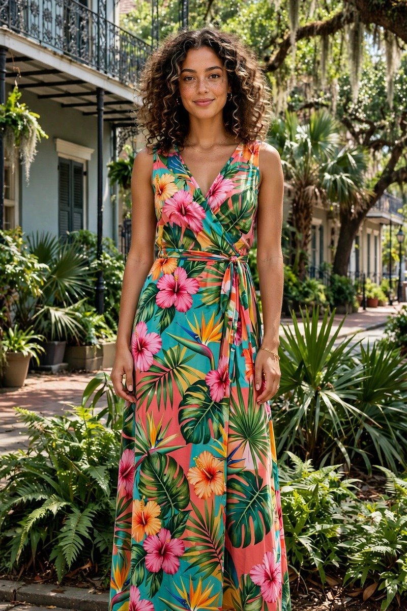 Woman in a tropical print dress on a humid day