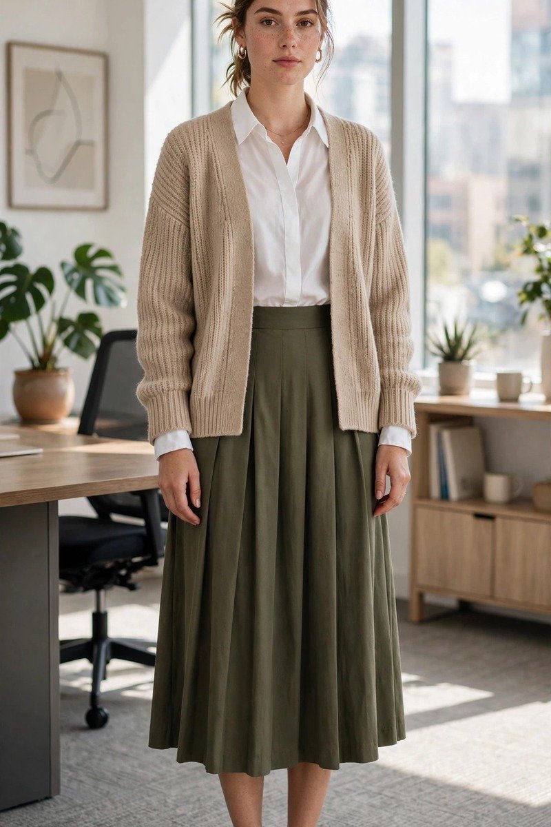 Woman in cardigan, collared shirt, and midi skirt
